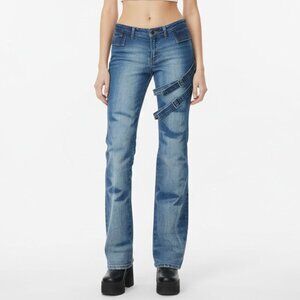 Tall Y2K bleached dark wash flared jeans with thigh buckles ✦ XXS